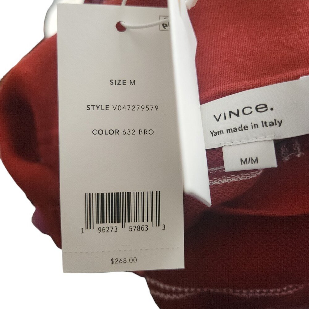 VINCE Striped Italian Cotton Piqué Polo Sweater Brick Rose Medium NWT $268 - Picture 8 of 8
